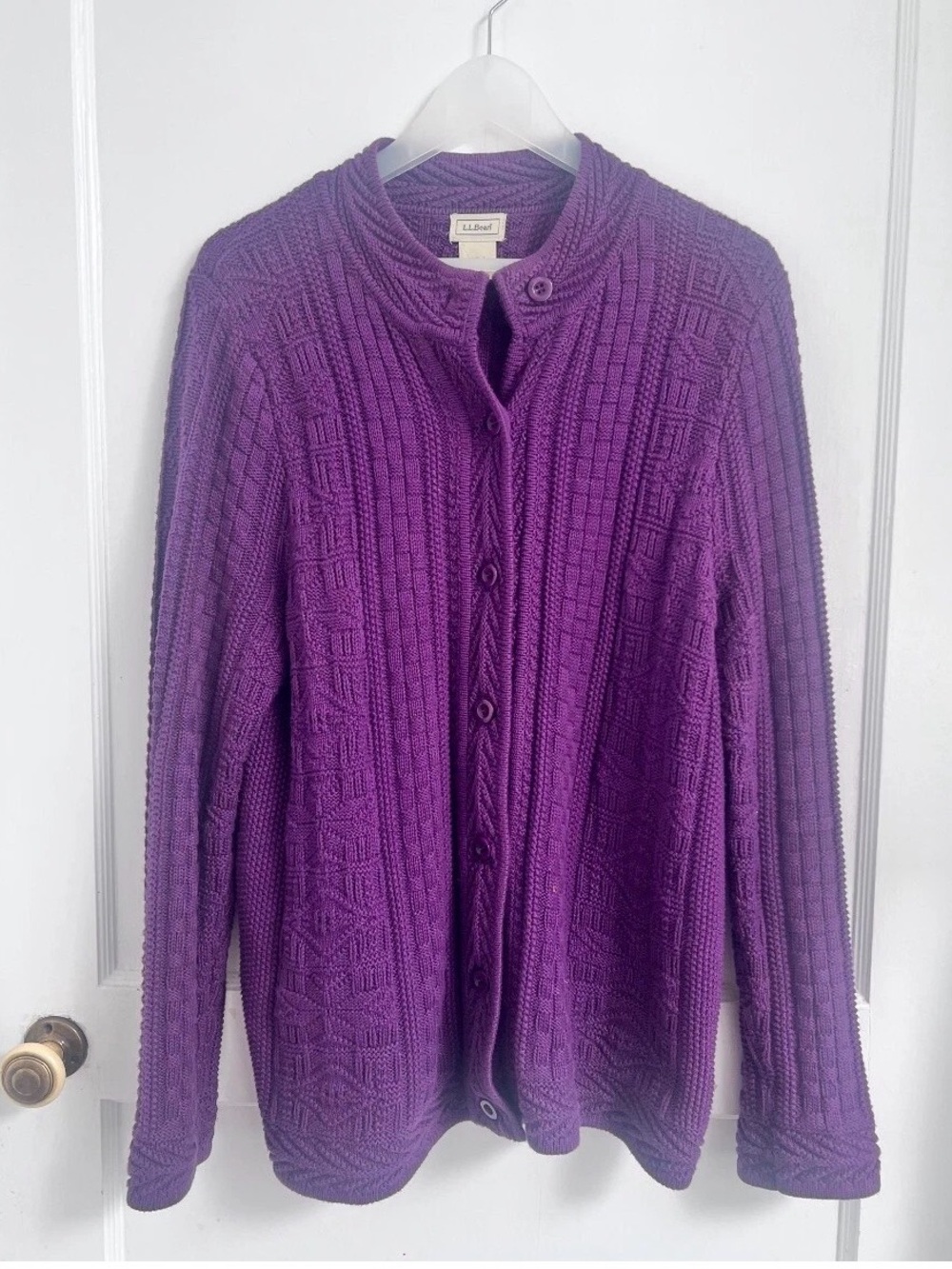 L.L. Bean Purple Cotton Fisherman Cable Knit Cardigan Sweater Size XL LL Bean